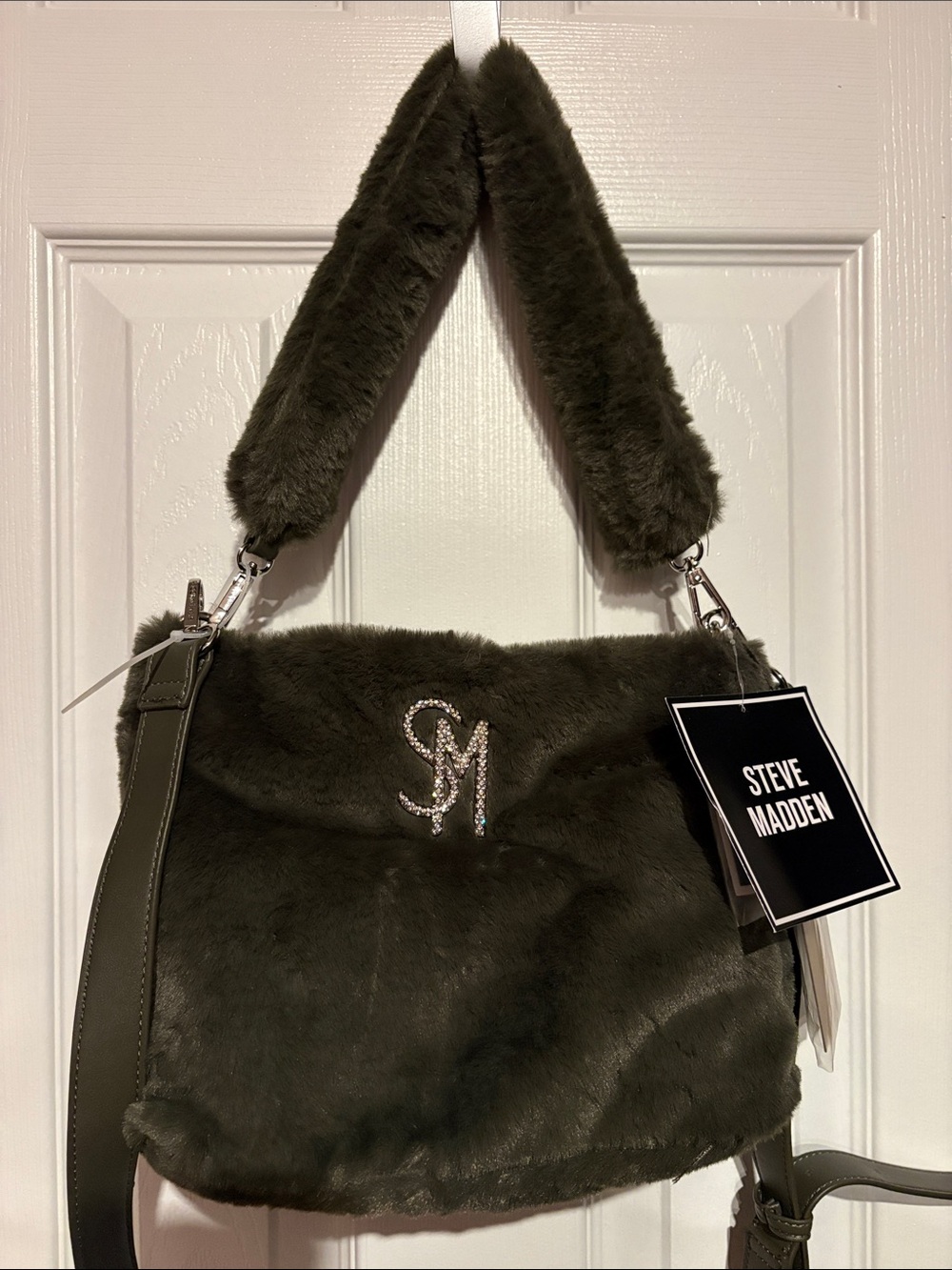 BNWT Steve Madden Olive Faux Fur Shoulder Bag Plush Rhinestone Y2K Crossbody